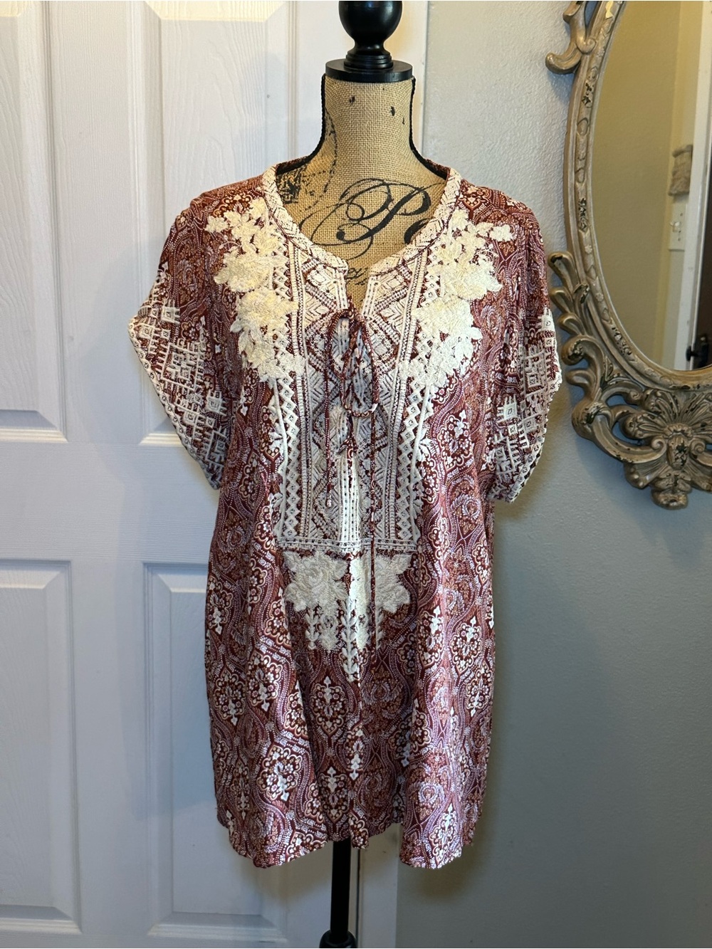 Savanna Jane Burgundy Tunic with Cream Embroidered Trim